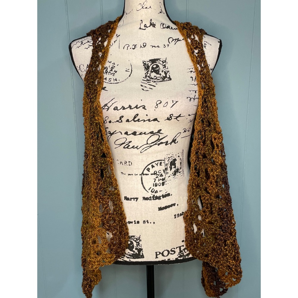 Handmade Crochet Duster Vest Open‎ Knit Ombre Brown Tan Boho